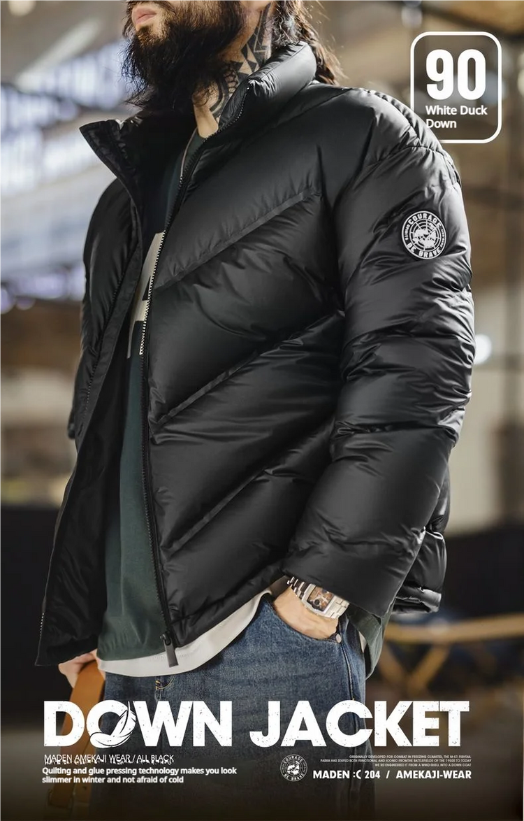 Maden Men's 90% White Duck Down Jacket Black Stand Collar Short Quilted Puffer Jacket Thermal Coat for Winter Streetwear