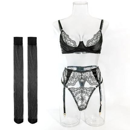 Sexy Wine Red Lace Trim Underwire Bra Lingerie Set Cut Out Garter Belt Matching Thong Intimate Sheer Nightwear Apparel Women