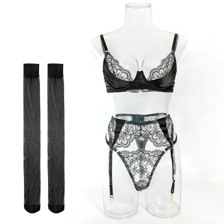 Sexy Wine Red Lace Trim Underwire Bra Lingerie Set Cut Out Garter Belt Matching Thong Intimate Sheer Nightwear Apparel Women