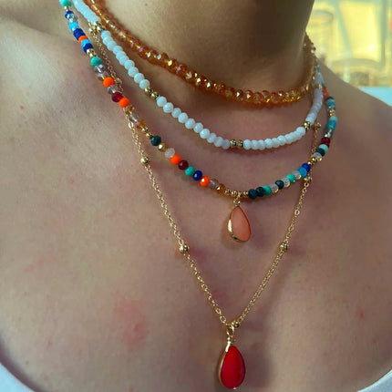 2023 Fashion Multilayer Boho Colorful Bead Chain Necklace For Women Female Crystal Water Drop Metal Letter Pendant Jewelry Gift PlatiNum