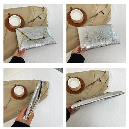 Fashion Crocodile Pattern Envelope Clutch Women's Handbags For Gifts, Designer Casual Ladies Purses Phone Pocket PlatiNum