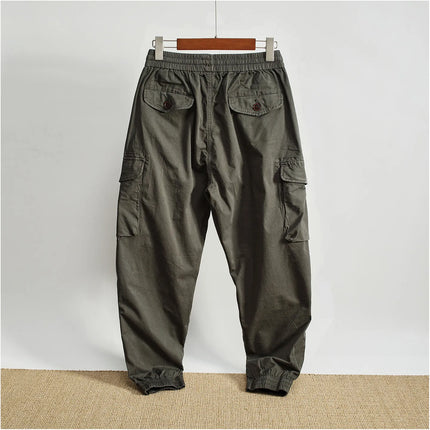 Men Elastic Drawstring Waist Jogger Cargo Pants Multi Button Pockets Vintage Washed Tapered Ankle Cuff Casual Street Trousers