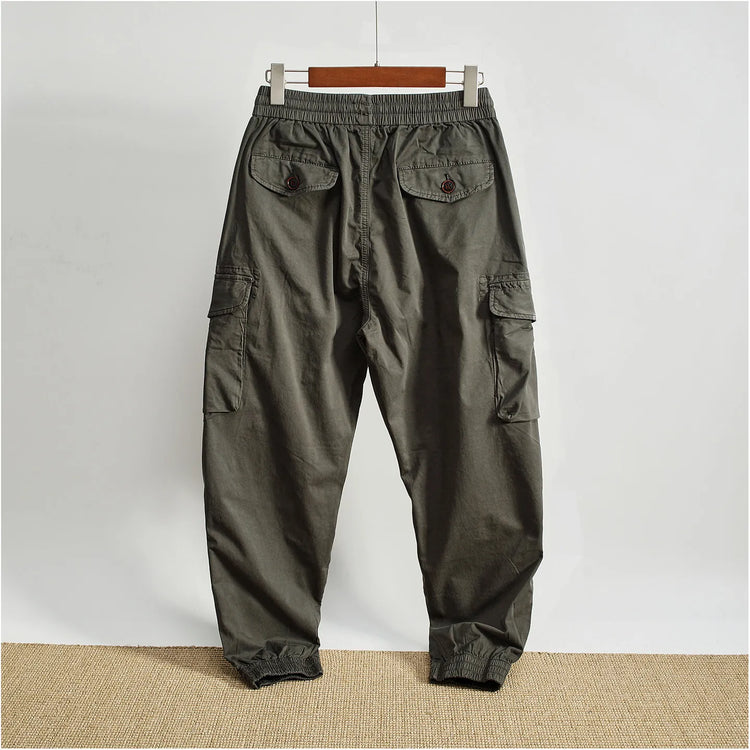 Men Elastic Drawstring Waist Jogger Cargo Pants Multi Button Pockets Vintage Washed Tapered Ankle Cuff Casual Street Trousers