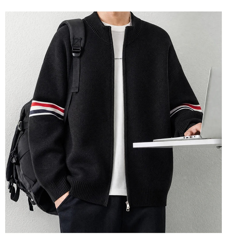 High Quality Fashion Knitted Jacket Men New color blocked striped designer brand casual sweater cardigan autumn warm thick coat