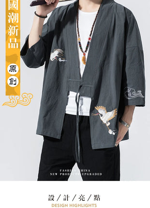 Camicie gru ricamate stile cinese retrò cotone lino Tang vestito Cardigan Mens tradizionale Kung Fu Tai Chi Casual Top camicette