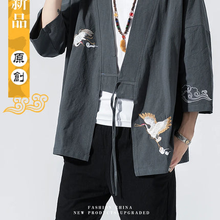 Camicie gru ricamate stile cinese retrò cotone lino Tang vestito Cardigan Mens tradizionale Kung Fu Tai Chi Casual Top camicette