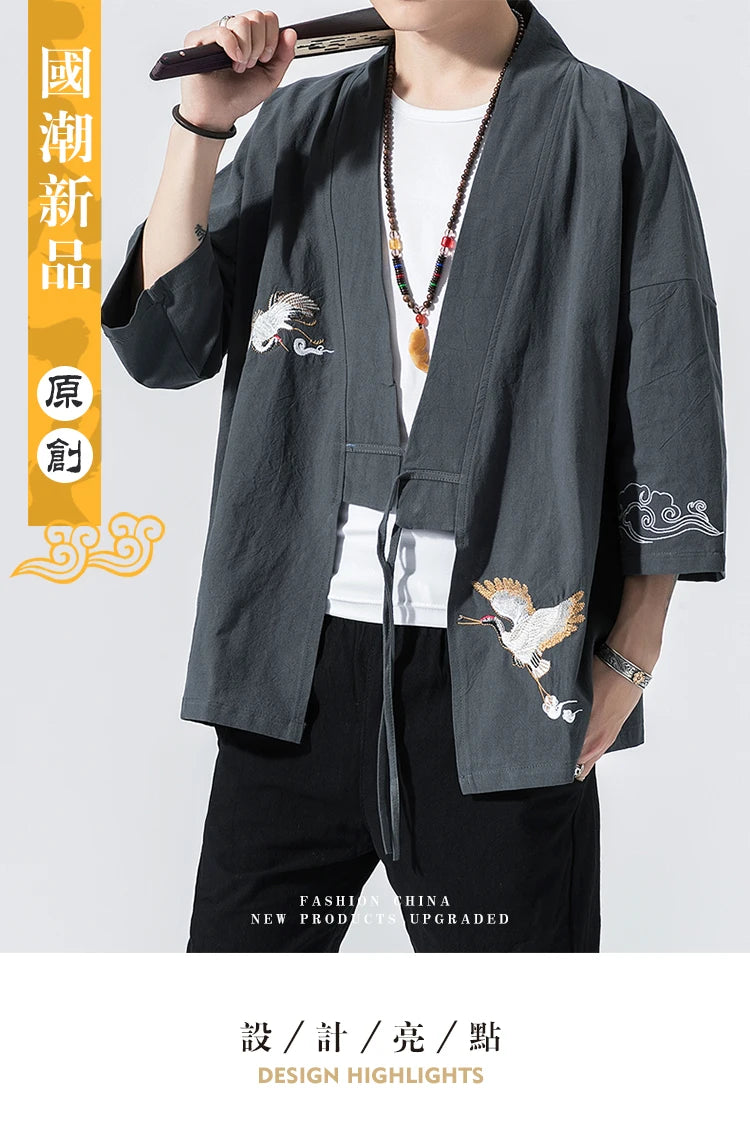 Camicie gru ricamate stile cinese retrò cotone lino Tang vestito Cardigan Mens tradizionale Kung Fu Tai Chi Casual Top camicette