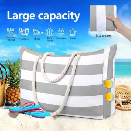 Striped zip-up outdoor travel and vacation bag, waterproof and sand-resistant canvas, convenient foldable beach bag-zmt