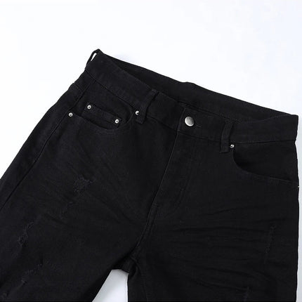 Designer street fashion men's jeans washed, elastic, slim fit, perforated, cashew flower patch, black denim high street pants, h PlatiNum