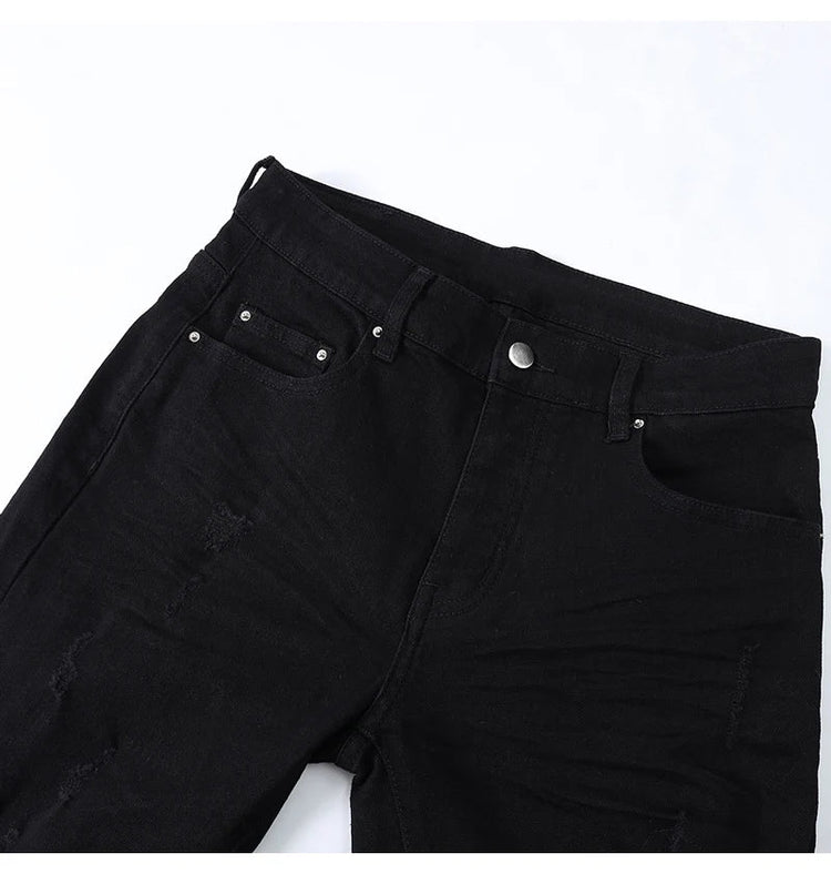 Designer street fashion men's jeans washed, elastic, slim fit, perforated, cashew flower patch, black denim high street pants, h PlatiNum