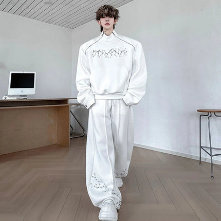 LUZHEN Fashion Street Two-piece Sets Men's Zipper Shoulder Design Long Sleeve Sweatshirt 2025 Autumn Loose Wide Leg Pants JY3912 PlatiNum