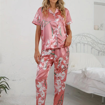 Set pigiama in raso con stampa floreale Top con risvolto a maniche corte liscio e confortevole e pantaloni lunghi accoglienti abbigliamento da casa e da notte da donna