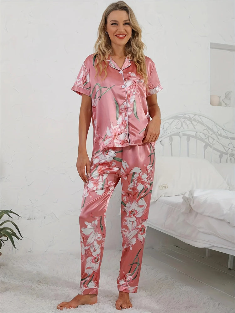 Set pigiama in raso con stampa floreale Top con risvolto a maniche corte liscio e confortevole e pantaloni lunghi accoglienti abbigliamento da casa e da notte da donna