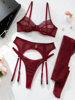 Luxury Dark Style 4Pcs Women's Lingerie Set Push-up Underwire Bra Garter Belt Thong Panty Stocking Erotic Intimate Outfits