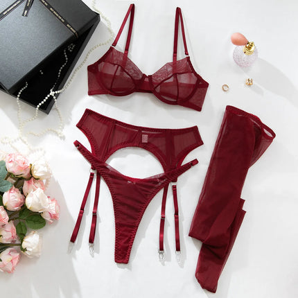 Luxury Dark Style 4Pcs Women's Lingerie Set Push-up Underwire Bra Garter Belt Thong Panty Stocking Erotic Intimate Outfits