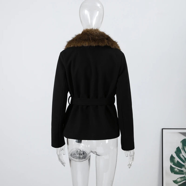 Shawl Faux Fur Women Coat Full Sleeve Woolen Lady Jacket 2025 Fashion Autumn Winter Lace Up Belted Waist Female Loose Outwears