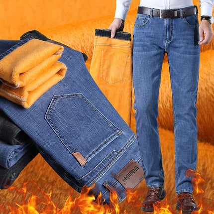 Winter Fleece Warm Straight Stretch Thermal Warm Flannel Work Denim Trousers Male Brand Clothing Men's Business Fashion Jeans