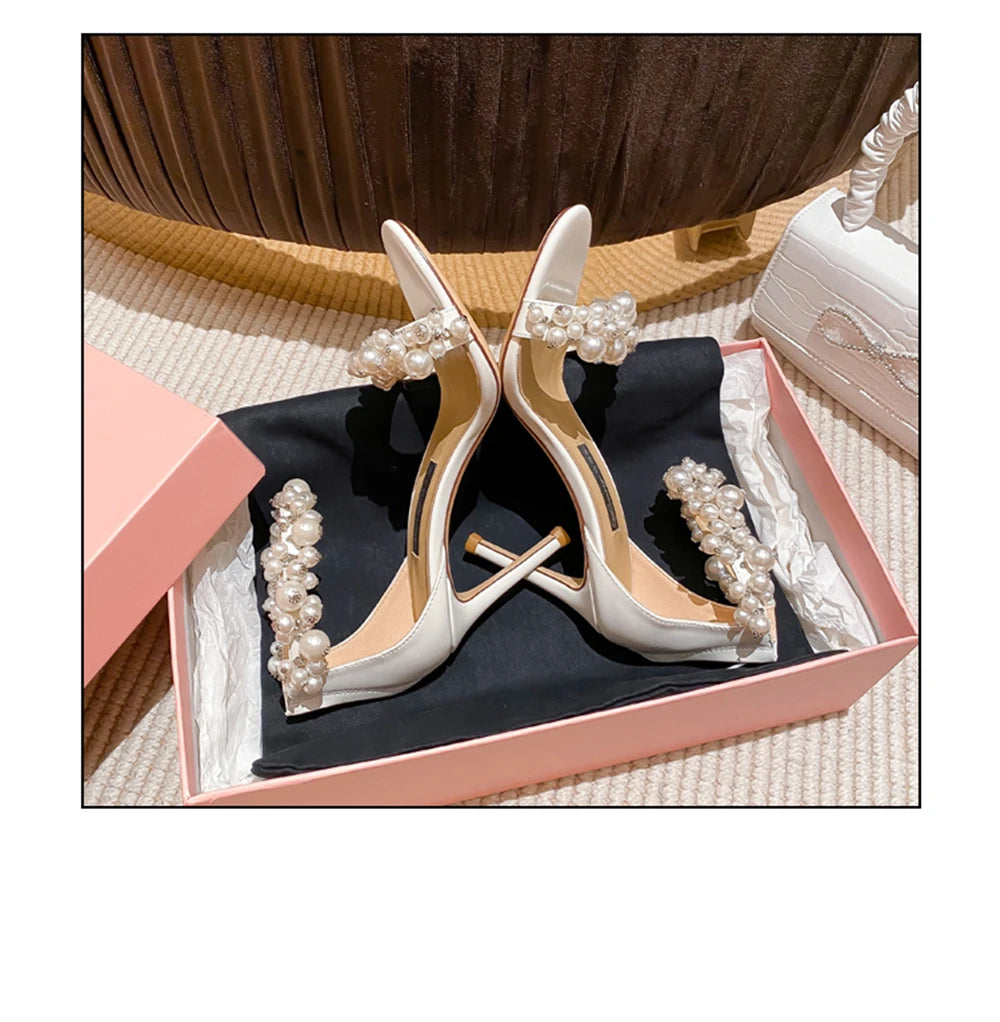 Summer new leather pearl ribbon sexy open-toe wedding shoes thin high-heeled banquet dress small size bag heel women's sandals
