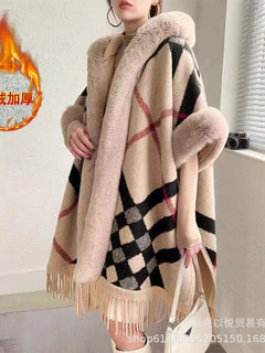 Faux Rabbit Fur Capes Coats Women Plaid Poncho Jackets Tassel Hooded Batwing Sleeves Open Stitch Loose Casual 2025 Autumn Winter