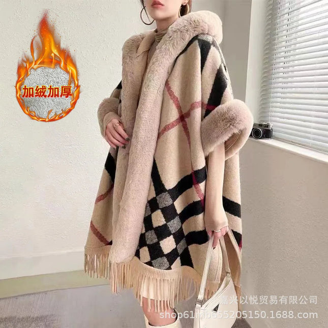 Faux Rabbit Fur Capes Coats Women Plaid Poncho Jackets Tassel Hooded Batwing Sleeves Open Stitch Loose Casual 2025 Autumn Winter