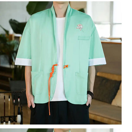 Nuova Camicia Giapponese da Samurai Ricamata in Cotone e Lino da Uomo, Vestibilità Ampia, Stile Retrò Tradizionale, Casual, Traspirante, Confortevole ed Elegante