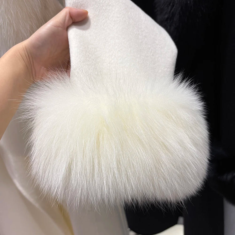 YOLOAgain Women's 100% Wool Coat Long With Detachable Real Fox Fur Collar 2025 Autumn Elegant Double-Sided Wool Coat