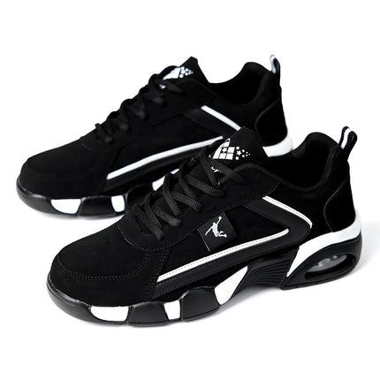 Scarpe sportive casual da uomo ZERJER con cuscino d'aria, tomaia in mesh traspirante e PU, design con motivo geometrico, chiusura con lacci, nero e bianco
