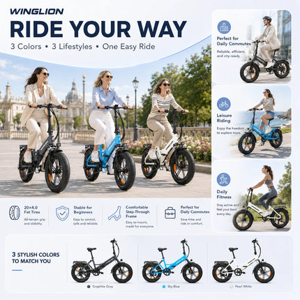 WINGLION EB-FF2.0 Bicicletta Elettrica Pieghevole da Donna, Motore 750W, Batteria 48V 15Ah, Autonomia 100KM, Velocità 40KM/H, Pneumatici Fat 4.0 da 20 Pollici, E-bike Pieghevole per Tutti i Terreni