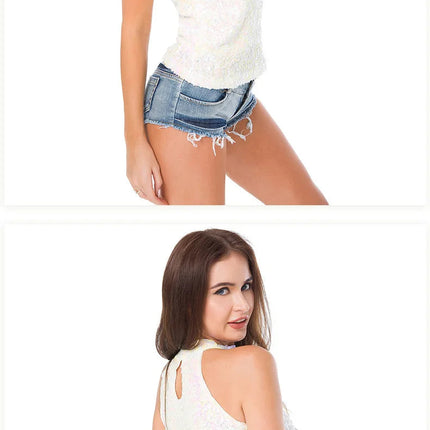 Women Short Hot Pants Jeans Slim Fit Low Waist Irregular Pockets Sexy Tassels Denim Shorts Button Fly Party Summer 2025 PlatiNum