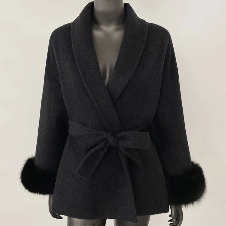 Elegant OL Office Lady Overcoats Fur Patchwork Long Sleeve Woolen Coat Beautiful Women's Clothing Jacket Autumn 2025 Spring