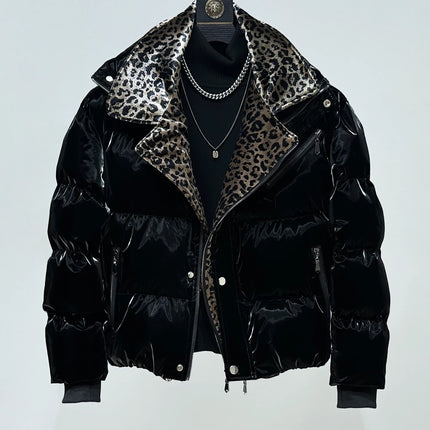 High-End Leopard Print Splicing Faux Two-Piece Parkas Men 2025 Winter New Parkas Thickened Warm Stylish Long Sleeve Chic Jackets