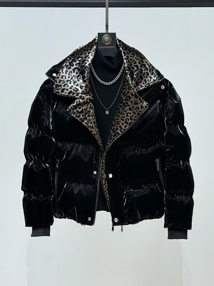 High-End Leopard Print Splicing Faux Two-Piece Parkas Men 2025 Winter New Parkas Thickened Warm Stylish Long Sleeve Chic Jackets
