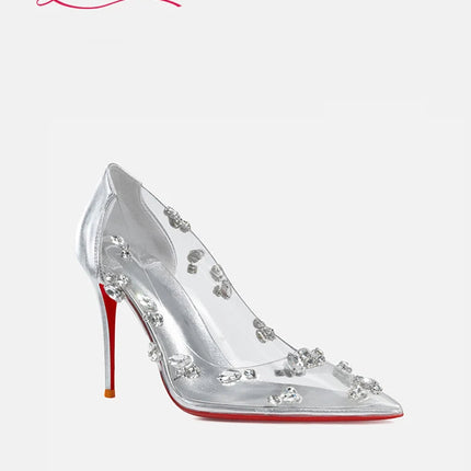 Red sole transparent pointed head sexy female stiletto high heels wedding shoes silver rhinestone crystal fairy style new 2024 PlatiNum