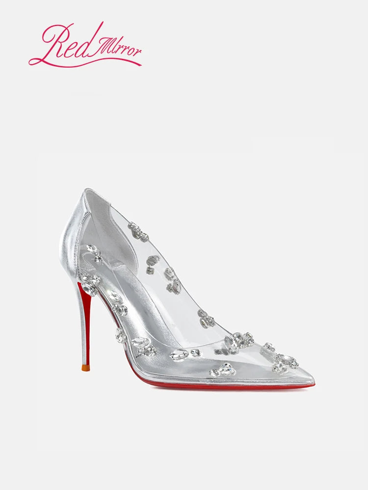 Red sole transparent pointed head sexy female stiletto high heels wedding shoes silver rhinestone crystal fairy style new 2024 PlatiNum