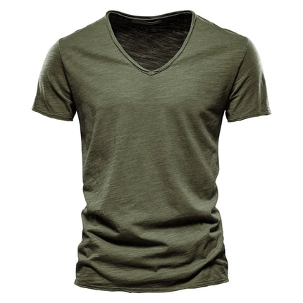 Men's 100% Cotton Branded Quality T-shirt V-Neck Fashion Design Slim Fit Solid Men's T-shirt Top Tees Short Sleeve T-shirt for Men
