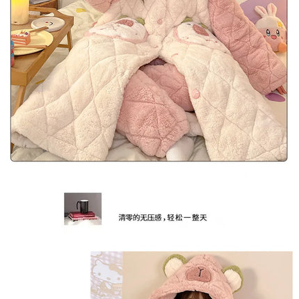 Women Winter Thickened Fleece Bathrobe Can Be Worn Outside Girls Student Hoodie Loose Pajama Two-piece Set Lady Warm Loungewear