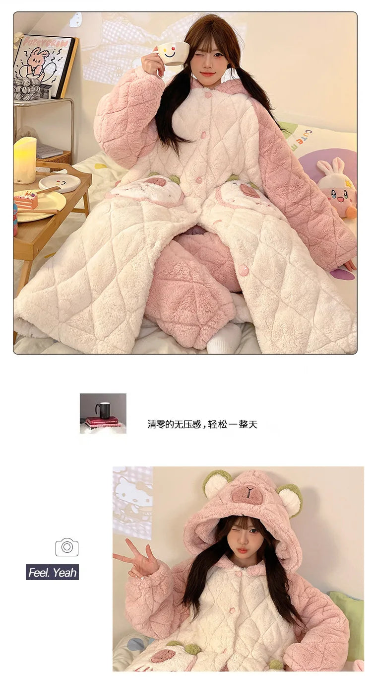 Women Winter Thickened Fleece Bathrobe Can Be Worn Outside Girls Student Hoodie Loose Pajama Two-piece Set Lady Warm Loungewear