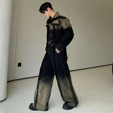 LUZHEN Denim American Sets Gradient Burr Personalized Tassel High Street Wornout Fashion Straight Jeans Retro Two Piece LZ9010 PlatiNum