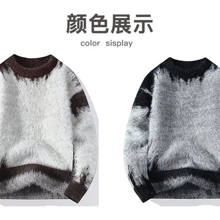 Autumn Winter Men's Casual Warm Fake mink fur Retro Knitted Sweater Round Neck Knitting Pullover Sweater