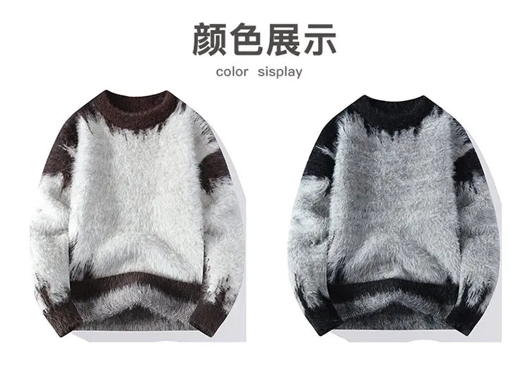 Autumn Winter Men's Casual Warm Fake mink fur Retro Knitted Sweater Round Neck Knitting Pullover Sweater