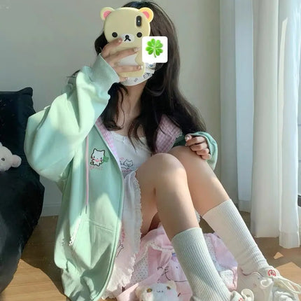 Y2k Hoodies Green Kawaii Cat Floral Print Hooded Zip-up Woman Sweatshirts Pink Thin Jacket Spring Fall Clothes Cute Streetwear