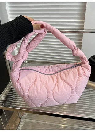 Puffer Shoulder Bag for Women Soft Down Cotton Padded Tote Handbag Purse Quilted Cross Body Bag Solid Color Bubbles Cloud Bag PlatiNum