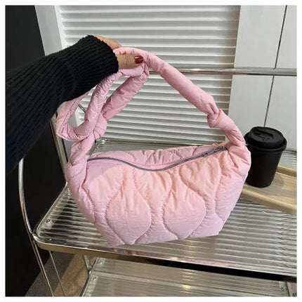 Puffer Shoulder Bag for Women Soft Down Cotton Padded Tote Handbag Purse Quilted Cross Body Bag Solid Color Bubbles Cloud Bag PlatiNum
