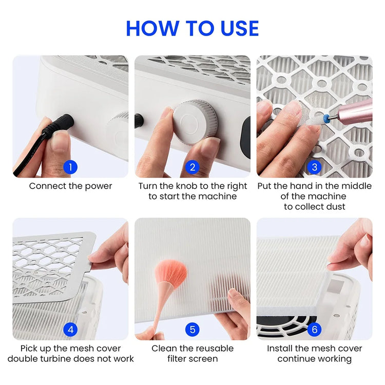 Brushless Nail Dust Collector Dual Turbo Fans Nail Vacuum Cleaner 5-Level Suction Two Hands Nail Dust Extractor Fans for Nail Salon Manicure Table