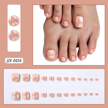24pcs French Flower Fake Toenails Short Square White Border Press On Nail Tips With 1Jelly Stickers Full Coverage False Nail Tip