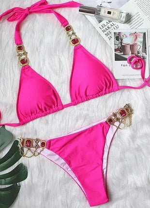 Catene di metallo con scollo all'americana Strass Diamante Bikini Costume da bagno donna Costumi da bagno femminili Due pezzi Bikini set Costume da bagno brasiliano Swim platinumshop