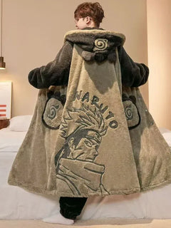 Men's Anime Themed Winter Coral Fleece Thickened Fluffy Plus-Size Long Hooded Pajama Set