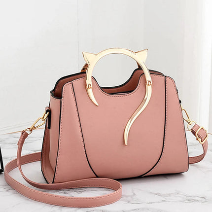Cat Shaped Handle Women Handbag Trendy And Fashionable, Solid Color, Simple And Casual Crossbody Shoulder Shell Bag PlatiNum