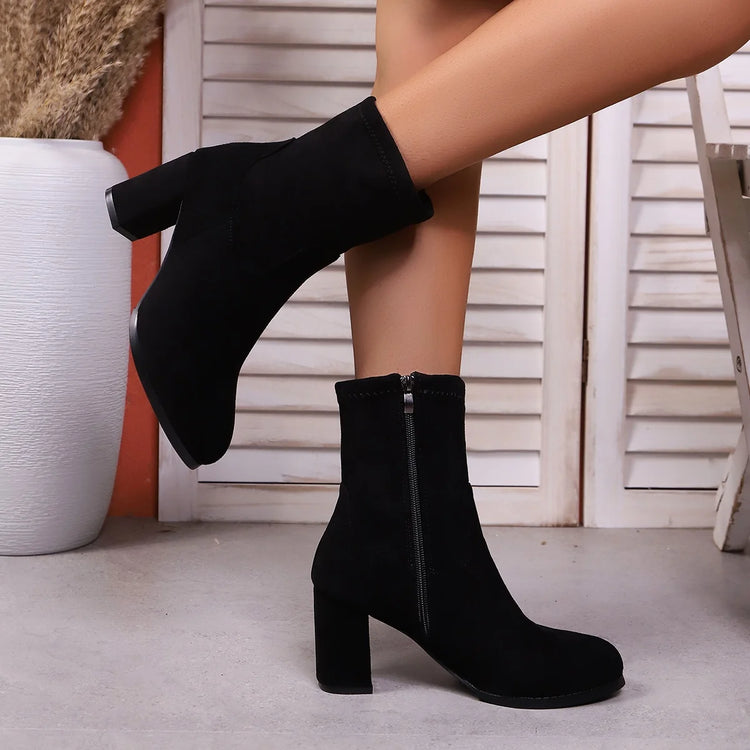 Winter Round Head Suede Side Zipper Sexy Square Heel Work Boots Fashionable New Elegant Non-slip Casual Knight Boots for Women