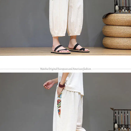 Pantaloncini estivi da uomo Pantaloni casual traspiranti in cotone Pantaloni larghi tradizionali retrò streetwear al polpaccio Pantaloncini comodi da uomo
